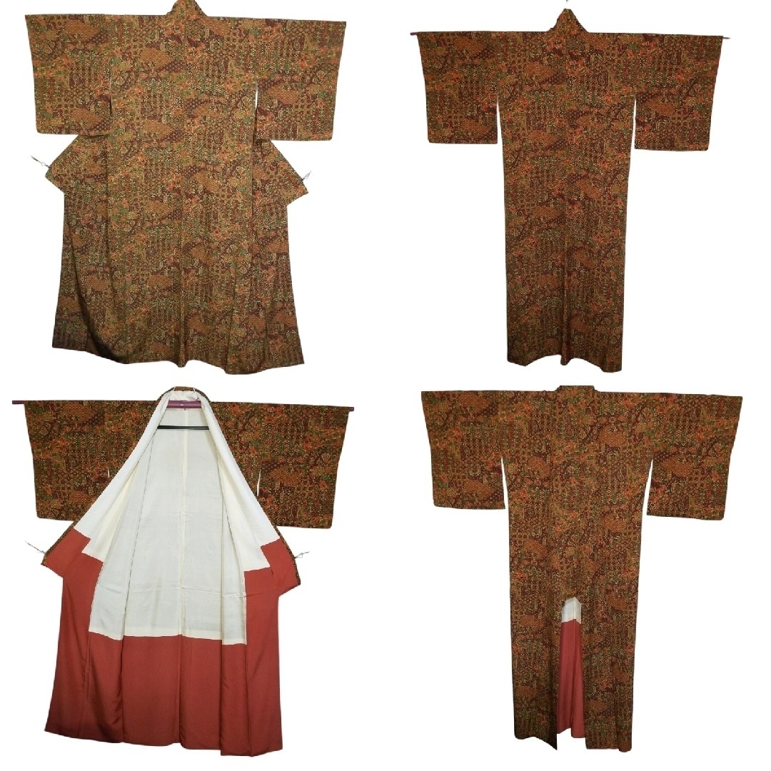 DH0124 袷着物 更紗柄 赤茶色系 身丈157cm 広襟 オリエンタル 花 DH0124 袷着物 更紗柄 赤茶色系 身丈157cm 広襟 オリエンタル 花