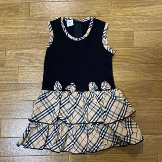 韓国子供服　ノースリーブワンピース 黒ベージュチェック柄ドレス　95cm(ワンピース)