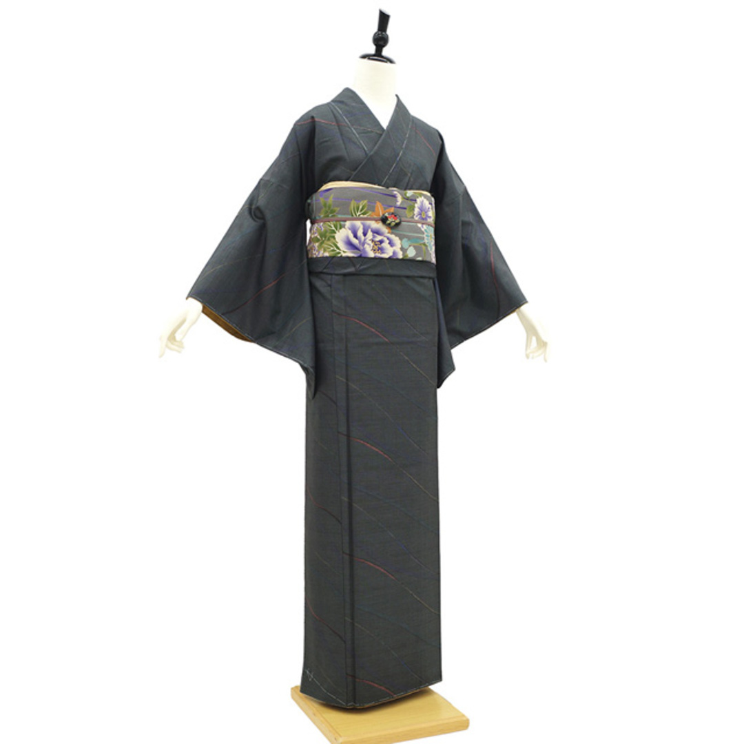 本場大島紬 着物 未使用 正絹 泥染め 黒こげ茶 ブルーグレー 縞 本場大島紬 着物 未使用 正絹 泥染め 黒こげ茶 ブルーグレー 縞
