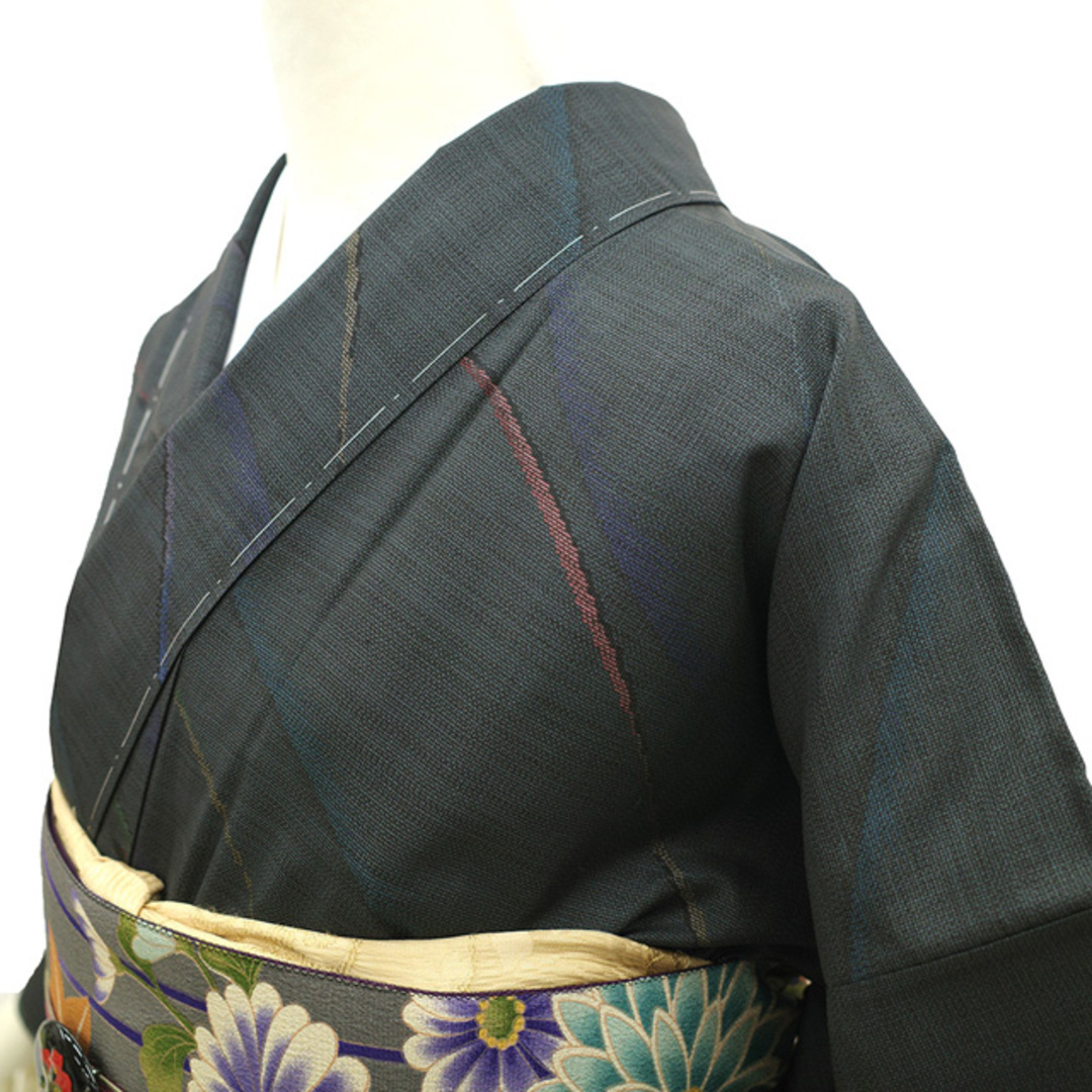 本場大島紬 着物 未使用 正絹 泥染め 黒こげ茶 ブルーグレー 縞 本場大島紬 着物 未使用 正絹 泥染め 黒こげ茶 ブルーグレー 縞
