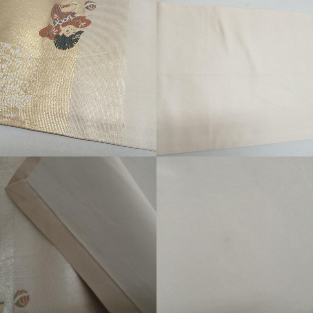 名古屋帯 正絹 市松に童子文様 早春市松文 金糸銀糸 ベージュx 名古屋帯 正絹 市松に童子文様 早春市松文 金糸銀糸 ベージュx