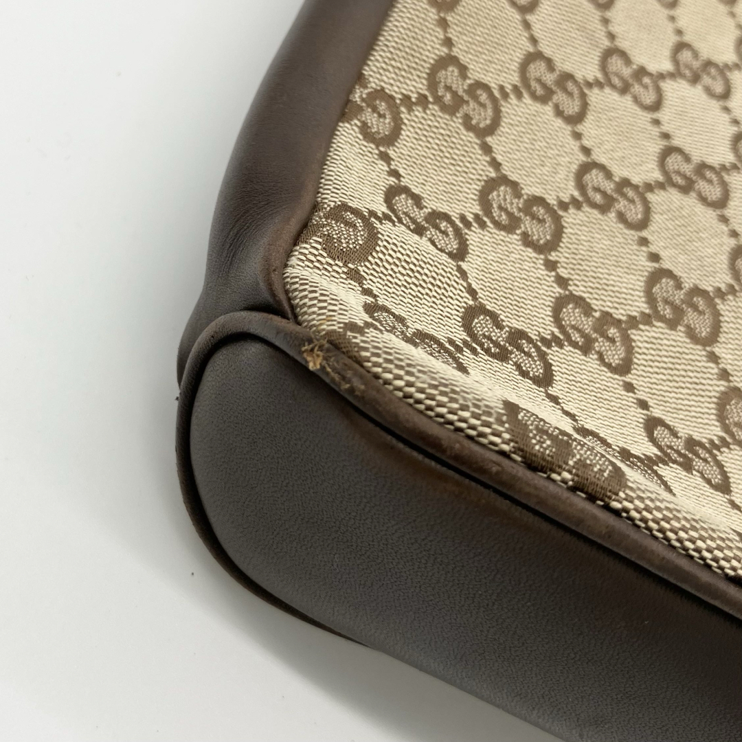 GUCCI - GUCCI GGキャンバス レザー ショルダーバッグ ブラウン GUCCI - GUCCI GGキャンバス レザー ショルダーバッグ ブラウン