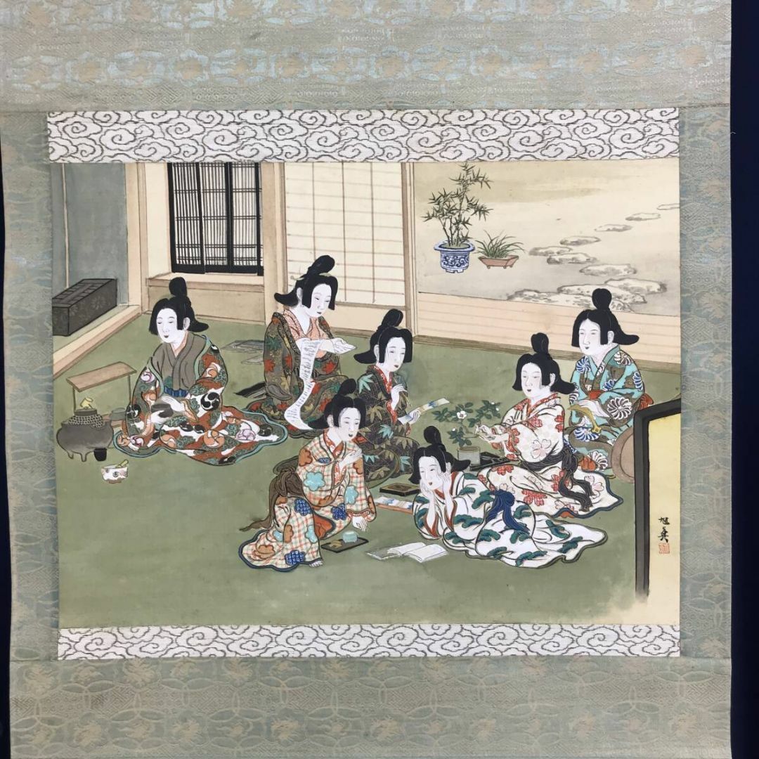 真作/佐藤旭眞/美人趣味之図/美人画/美人図/横物/掛軸☆宝船☆AF 真作/佐藤旭眞/美人趣味之図/美人画/美人図/横物/掛軸☆宝船☆AF