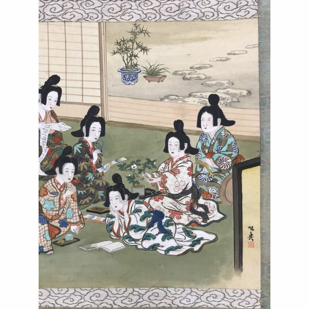 真作/佐藤旭眞/美人趣味之図/美人画/美人図/横物/掛軸☆宝船☆AF 真作/佐藤旭眞/美人趣味之図/美人画/美人図/横物/掛軸☆宝船☆AF