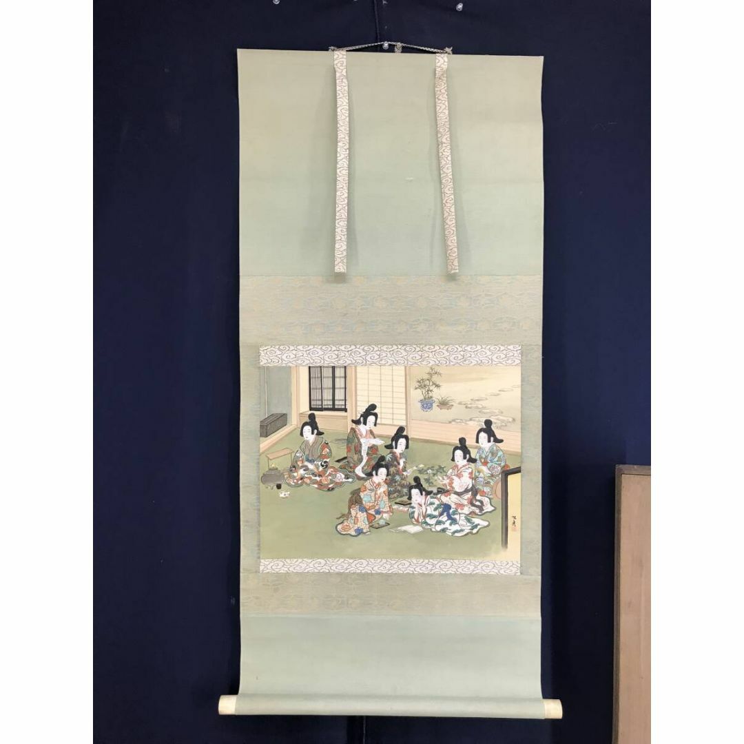 真作/佐藤旭眞/美人趣味之図/美人画/美人図/横物/掛軸☆宝船☆AF 真作/佐藤旭眞/美人趣味之図/美人画/美人図/横物/掛軸☆宝船☆AF