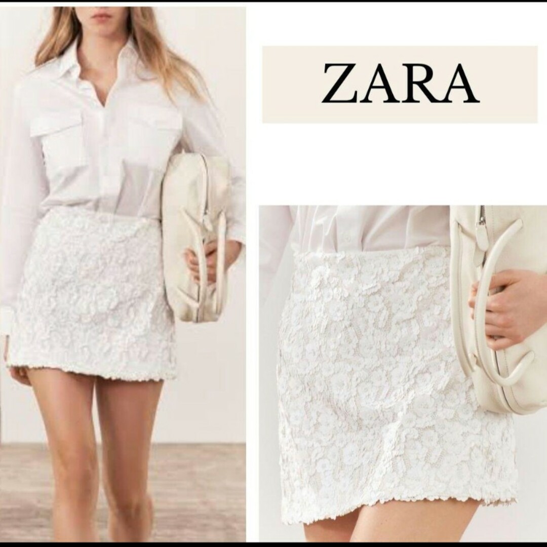 ZARA - ZARA スパンコール ビーズ ミニスカート ホワイト XSの ZARA - ZARA スパンコール ビーズ ミニスカート ホワイト XSの