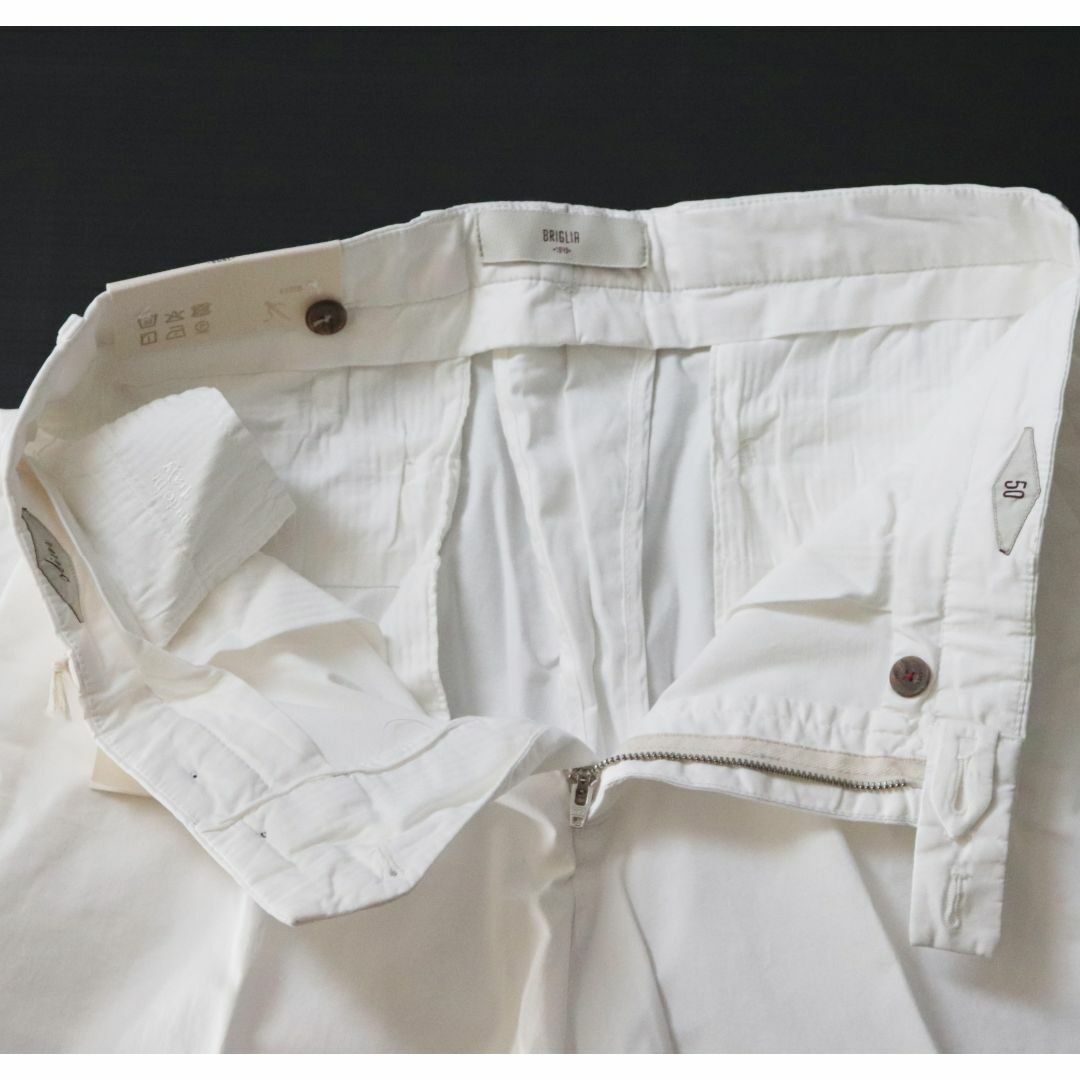 新品【ブリリア1949】SLIMストレッチ 1プリーツパンツ 白 50(w86 新品【ブリリア1949】SLIMストレッチ 1プリーツパンツ 白 50(w86