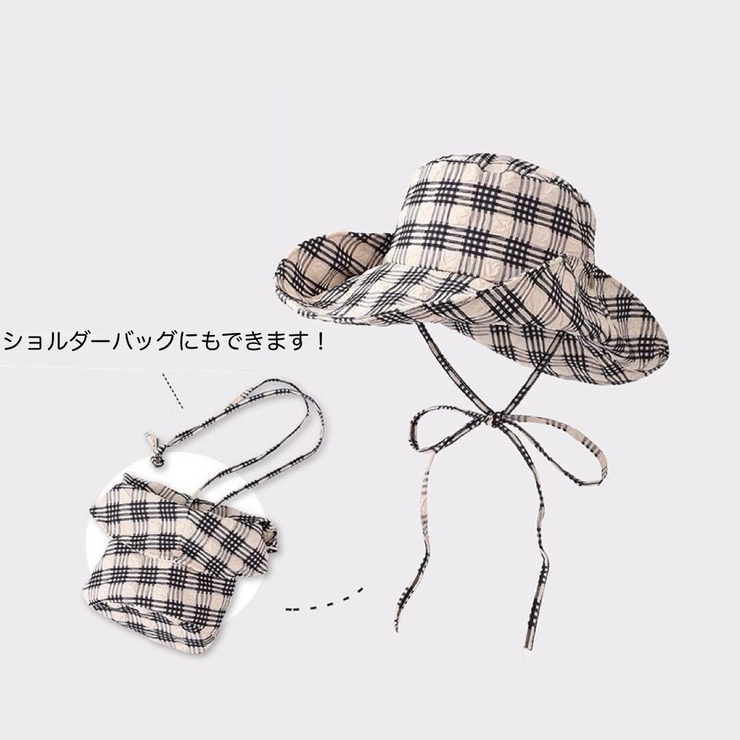 あご紐付き バケットハット チェック柄 日除けハット つば広ハット 帽子 日よけ レディースの帽子(ハット)の商品写真