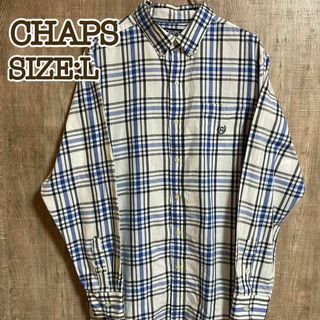 CHAPS チャップス BDシャツ 白×青チェック L エンブレム刺繍ロゴ