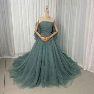 送料無料！3waysソフトチュールミントグリーンドレス　取り外しふんわりバックリ(ウェディングドレス)