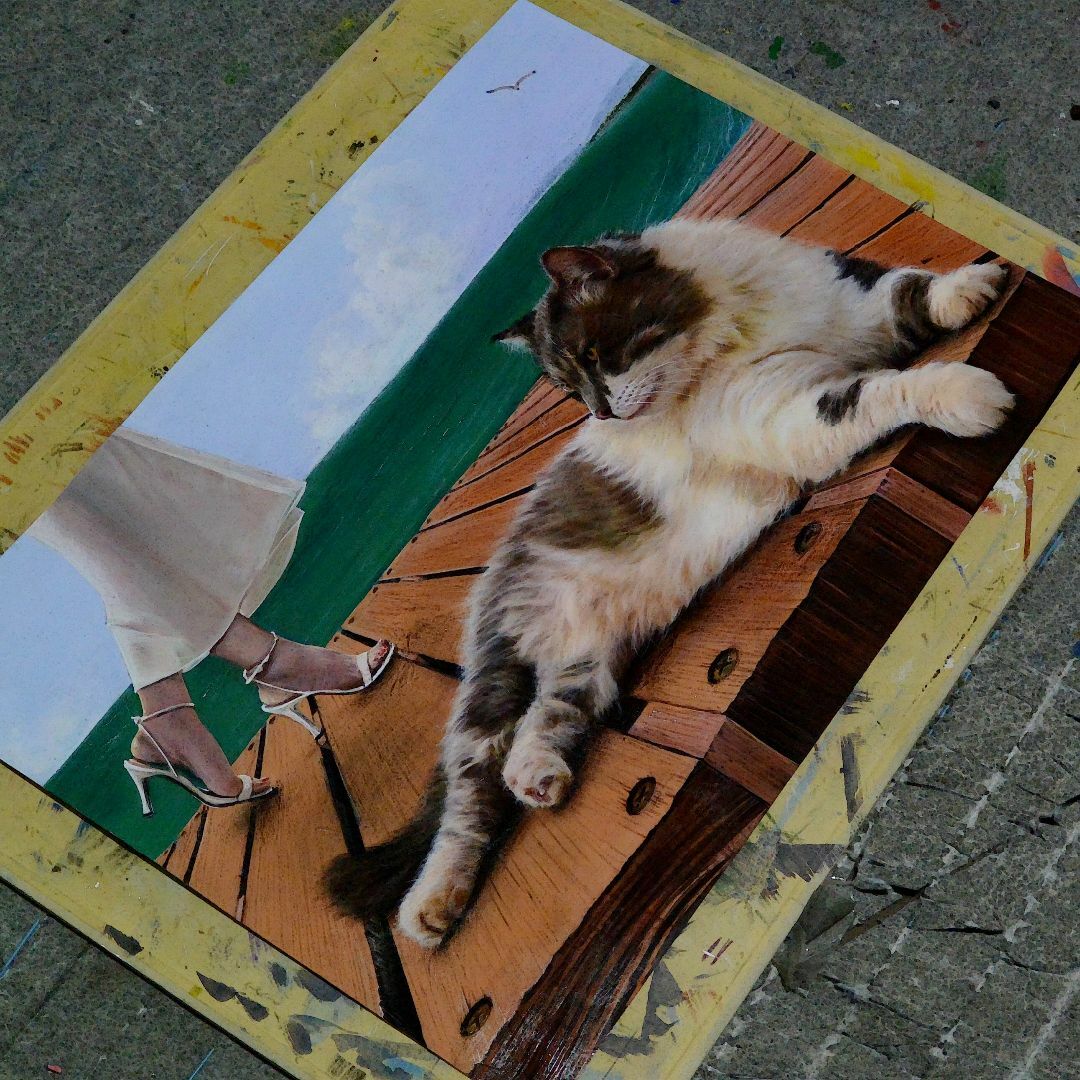 アクリル画　桟橋の猫　A2