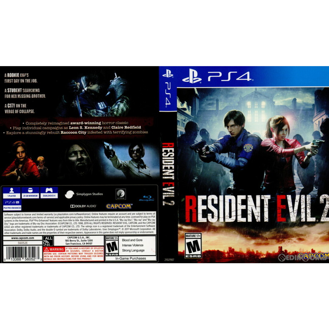 CAPCOM(カプコン)のPS4ソフト Resident Evil 2(レジデント イービル2/バイオハザード RE:2)(北米版)(2102987) Capcom エンタメ/ホビーのゲームソフト/ゲーム機本体(家庭用ゲームソフト)の商品写真