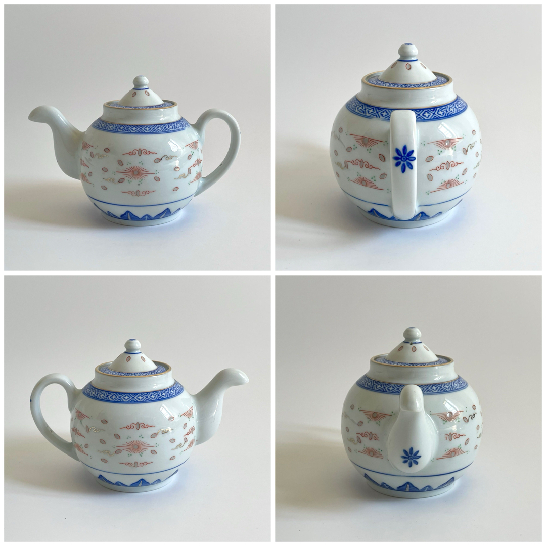 中国 景徳鎮 茶器 蛍手 青花玲瓏 ポット 茶杯5客 ビンテージの 中国 景徳鎮 茶器 蛍手 青花玲瓏 ポット 茶杯5客 ビンテージの