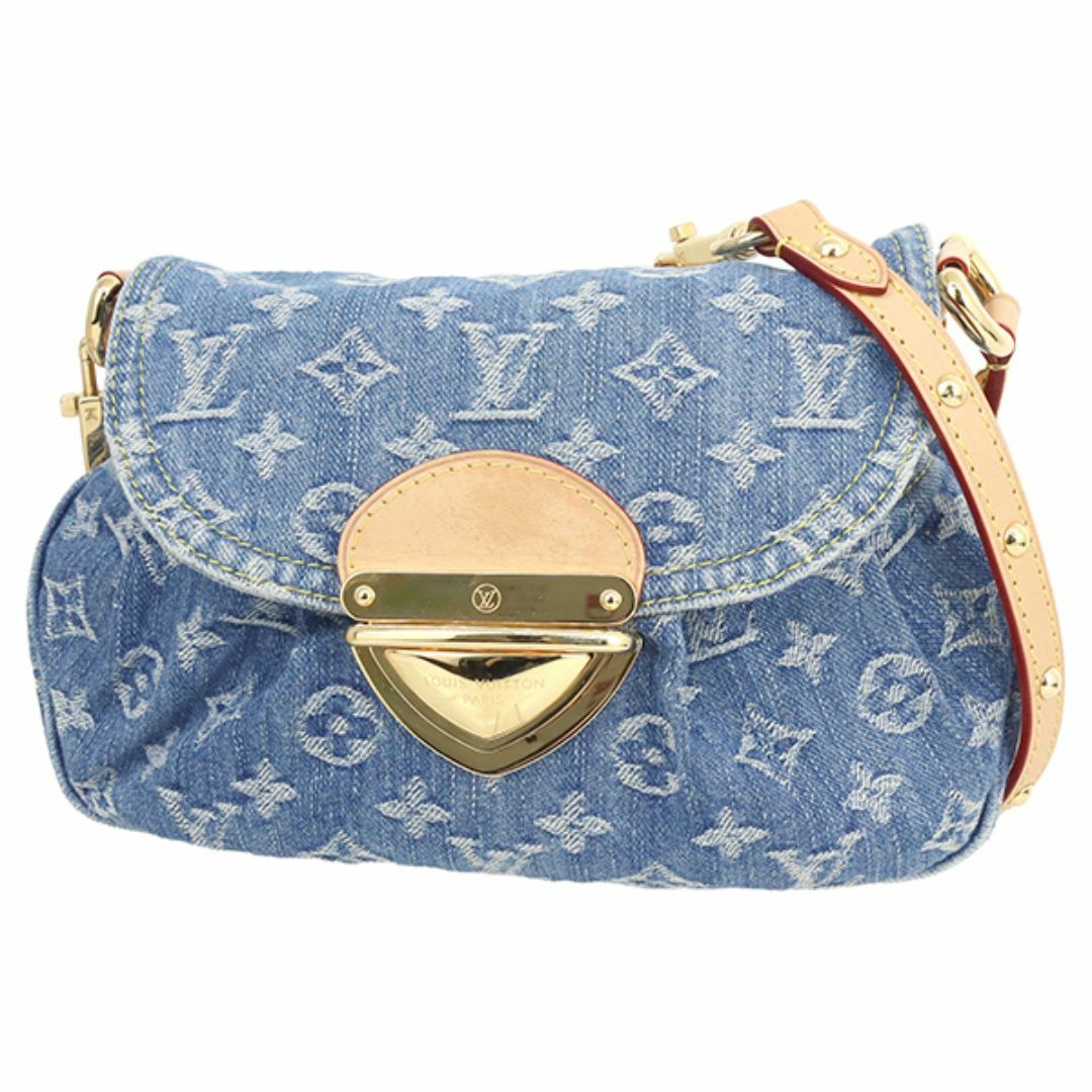 LOUIS VUITTON - ルイヴィトン ショルダーバッグ サンセット LVリミックス モノグラム デニム ブルー ヌメ革 レザー ベージュ ゴールド レディース 美品 8510