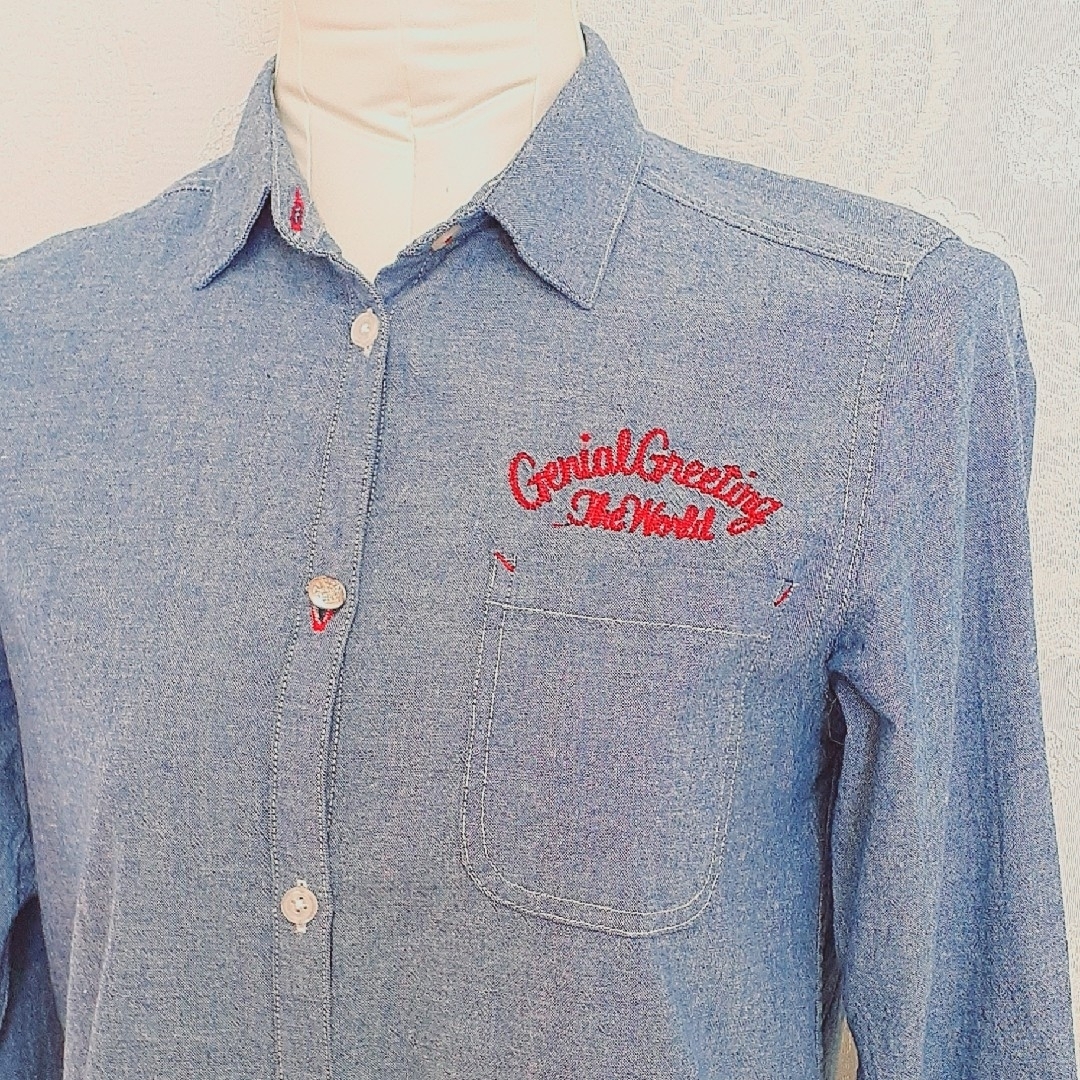 しまむら(シマムラ)の薄手 ダンガリーシャツワンピース M★ブルー系 ロングシャツ★ジャケット レディースのワンピース(ひざ丈ワンピース)の商品写真