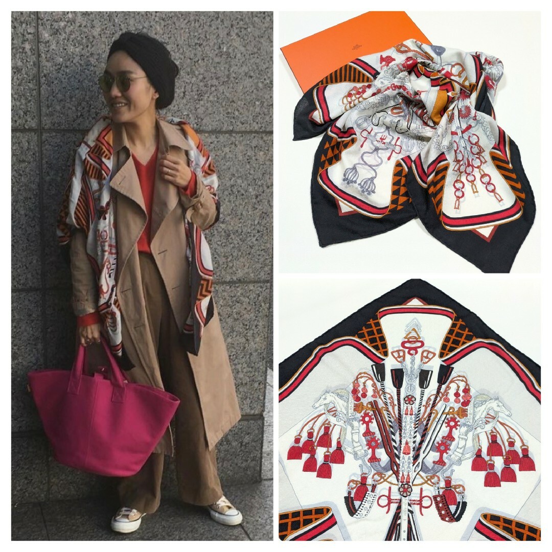 HERMES - HERMES エルメス カシミア シルク ショール 140 馬柄の HERMES - HERMES エルメス カシミア シルク ショール 140 馬柄の