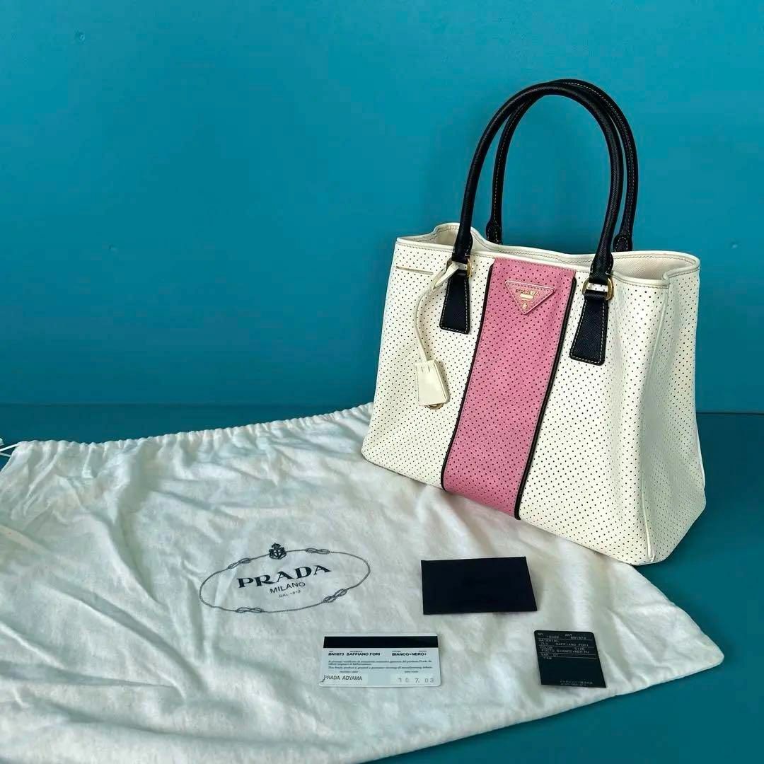 PRADA - PRADA サフィアーノ キュイール ホワイト ピンク PRADA - PRADA サフィアーノ キュイール ホワイト ピンク