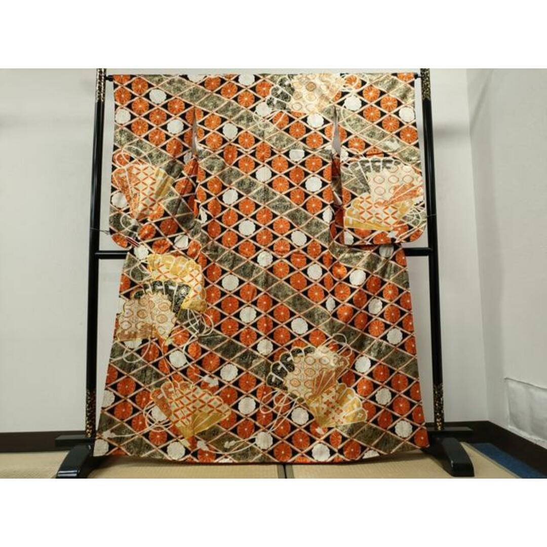 平和屋着物□小振袖 駒刺繍 檜扇吉祥天井花文 黒地 金彩 正絹 平和屋着物□小振袖 駒刺繍 檜扇吉祥天井花文 黒地 金彩 正絹