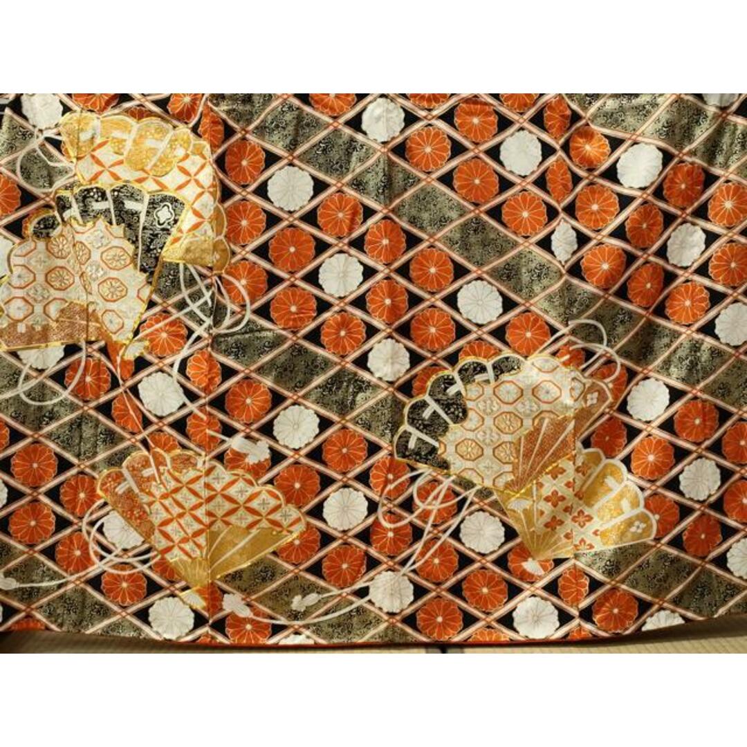 平和屋着物□小振袖 駒刺繍 檜扇吉祥天井花文 黒地 金彩 正絹 平和屋着物□小振袖 駒刺繍 檜扇吉祥天井花文 黒地 金彩 正絹