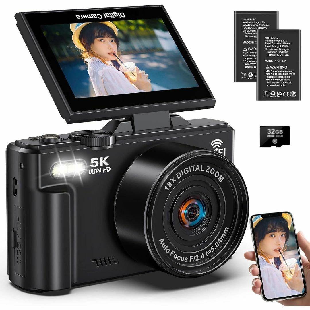 デジカメ 5K デジタルカメラ 5K録画 7500万画素 Wi-Fi機能 18倍