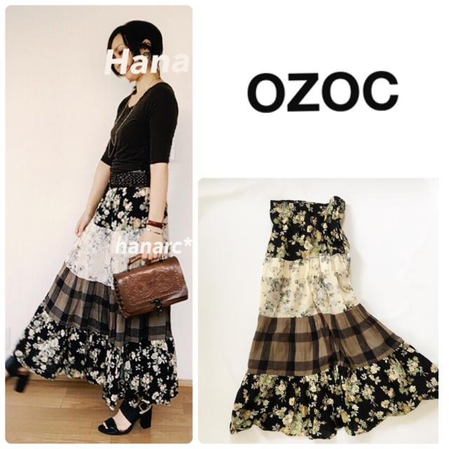 OZOC(オゾック)の【花柄パッチワークが可愛い♡】ロングスカート 花柄 チェック レディースのスカート(ロングスカート)の商品写真