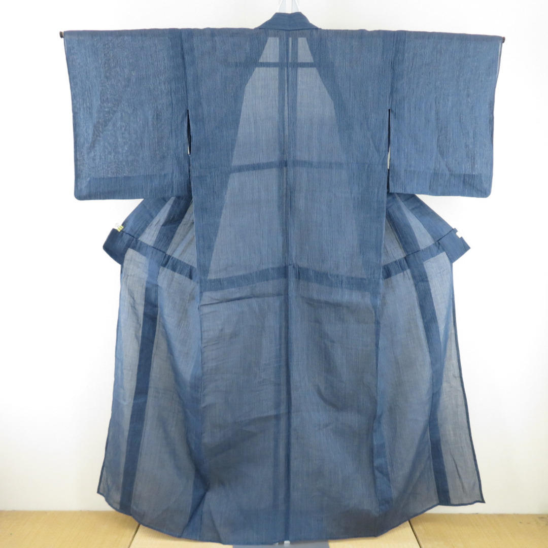 夏着物 本麻 小千谷ちぢみ 単衣 青紺色 子持縞文様 カジュアル 夏着物 本麻 小千谷ちぢみ 単衣 青紺色 子持縞文様 カジュアル