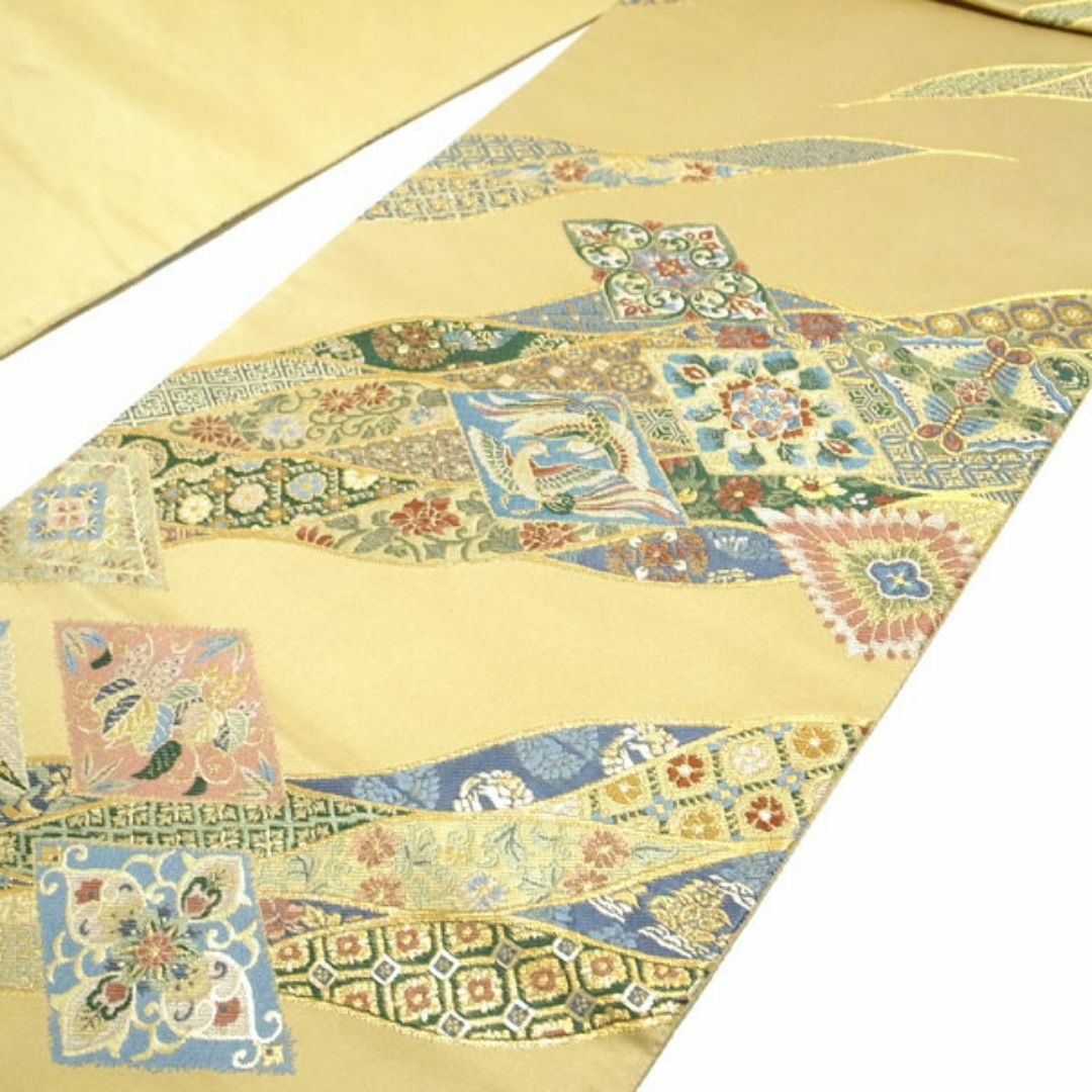 西陣 - 袋帯 京都 西陣 趣悦 金糸 ベージュ 華文 花菱 向かい鳥 西陣 - 袋帯 京都 西陣 趣悦 金糸 ベージュ 華文 花菱 向かい鳥