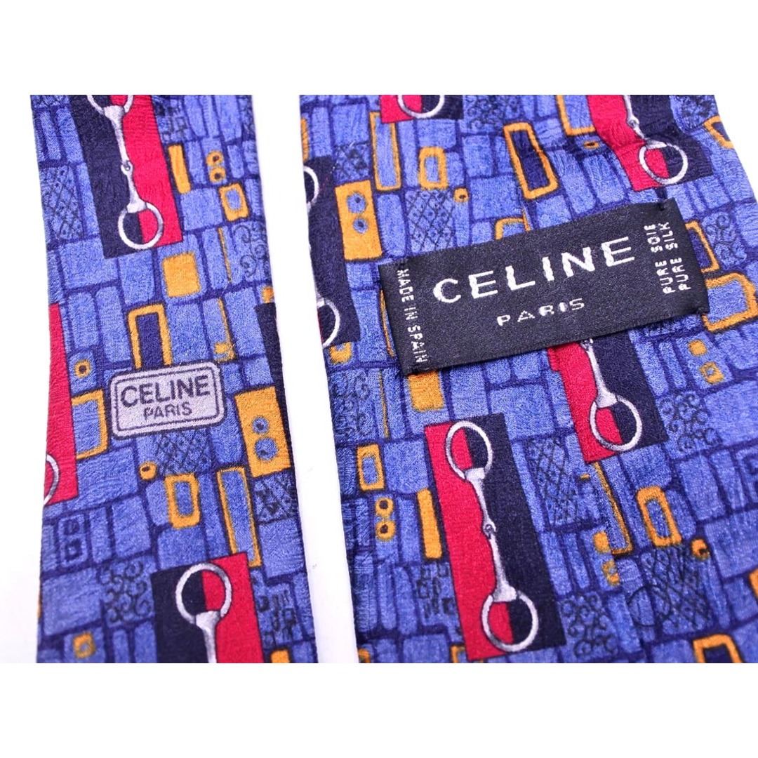 CELINE - CELINE セリーヌ シルク100% 総柄 ネクタイ 青 CELINE - CELINE セリーヌ シルク100% 総柄 ネクタイ 青