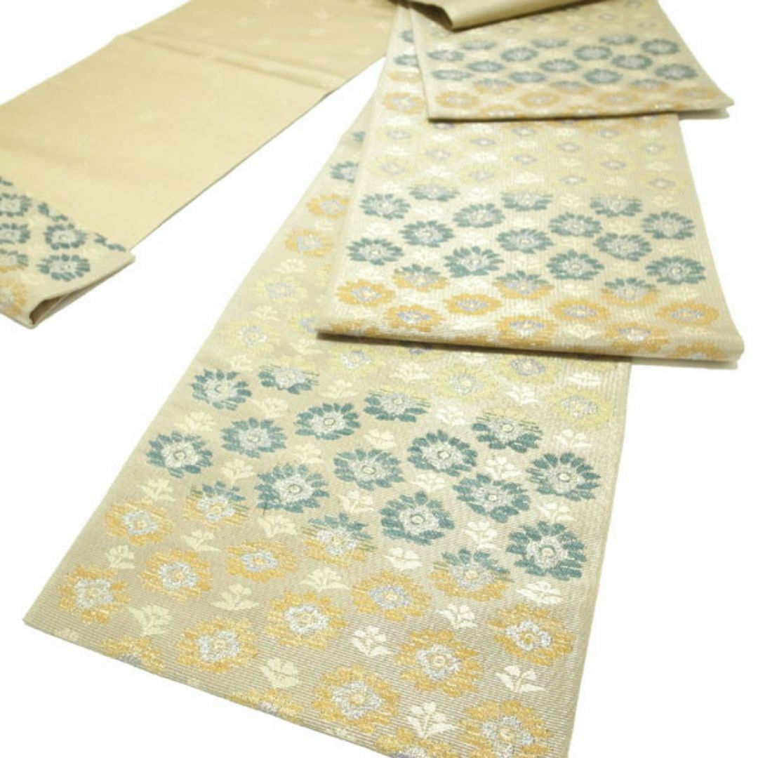 西陣 - 袋帯 京都 西陣 ラメ 薄茶ベージュ 草花 六通 カジュアル 西陣 - 袋帯 京都 西陣 ラメ 薄茶ベージュ 草花 六通 カジュアル