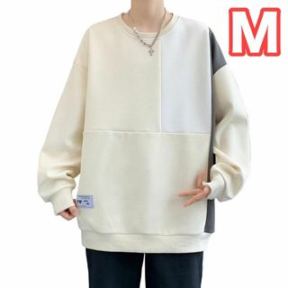 パーカー メンズ 長袖 M ホワイト 人気 丸襟 カラーブロック おしゃれ(パーカー)