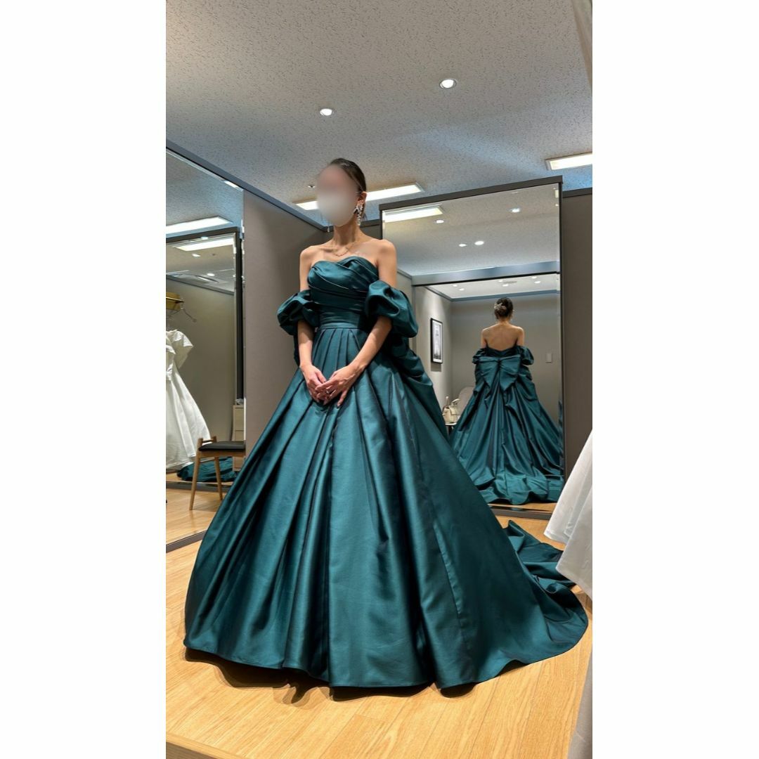 カラードレス ジュエルブルー ベアトップ パフスリーブ 豪華なバックリボン 花嫁