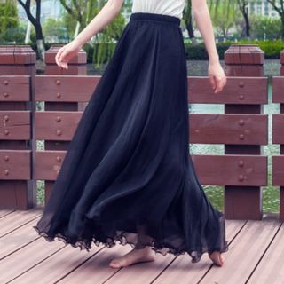 シフォンのスカート 黒 hxfq2019apr029-Q-L(ロングスカート)