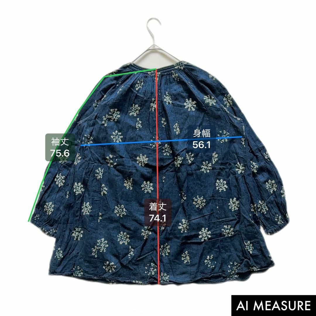 45R - 45R インディゴ染 長袖ブラウス R刺繍 花総柄 リボン 45R - 45R インディゴ染 長袖ブラウス R刺繍 花総柄 リボン