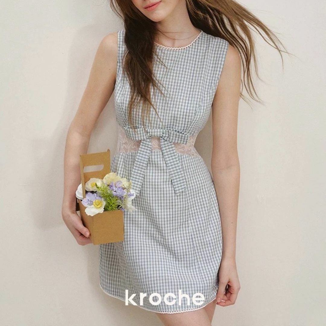 Lois CRAYON - Kroche レース リボン ギンガムチェック ミニワンピース コットン