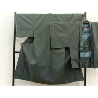 平和屋着物■男性　お召　アンサンブル　亀甲文様　羽裏：富士山　正絹　逸品　BAAR6953me(着物)