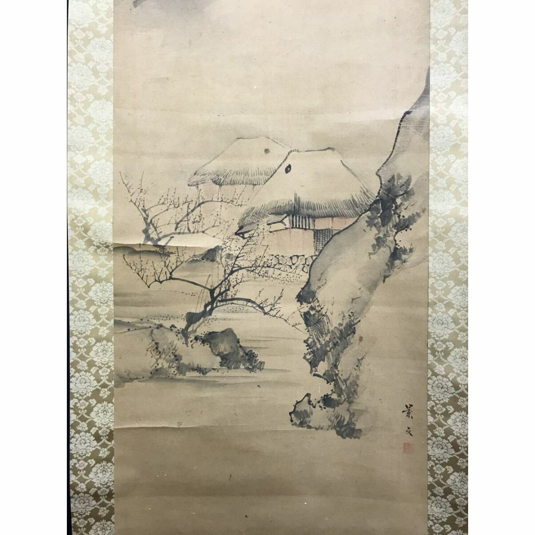 真作/松村景文/梅花田家之図/山水図/春景山水図/掛軸☆宝船☆AF 真作/松村景文/梅花田家之図/山水図/春景山水図/掛軸☆宝船☆AF