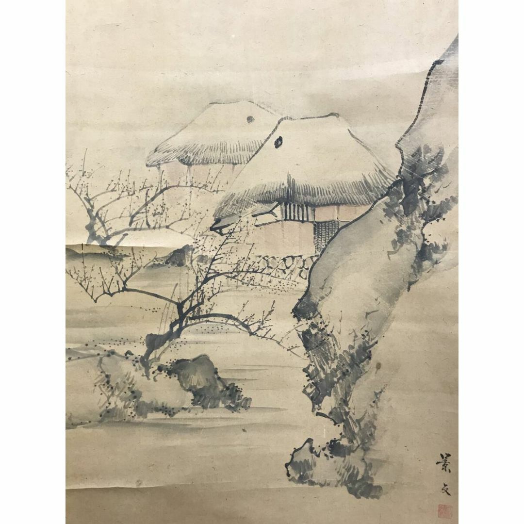 真作/松村景文/梅花田家之図/山水図/春景山水図/掛軸☆宝船☆AF 真作/松村景文/梅花田家之図/山水図/春景山水図/掛軸☆宝船☆AF