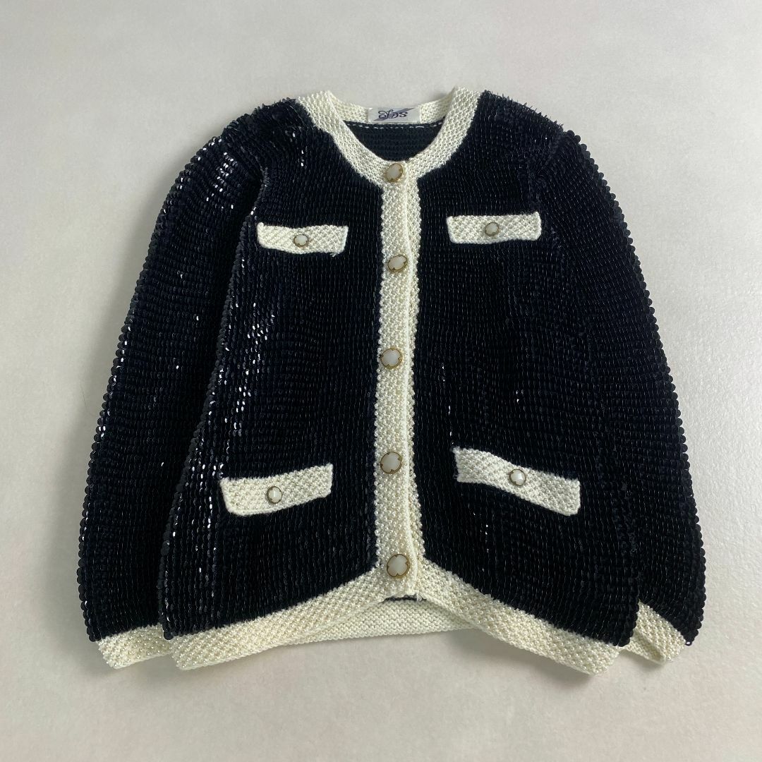 VINTAGE - ヴィンテージ　カーディガン　スパンコール　ビース　レトロ　かわいい　白　黒