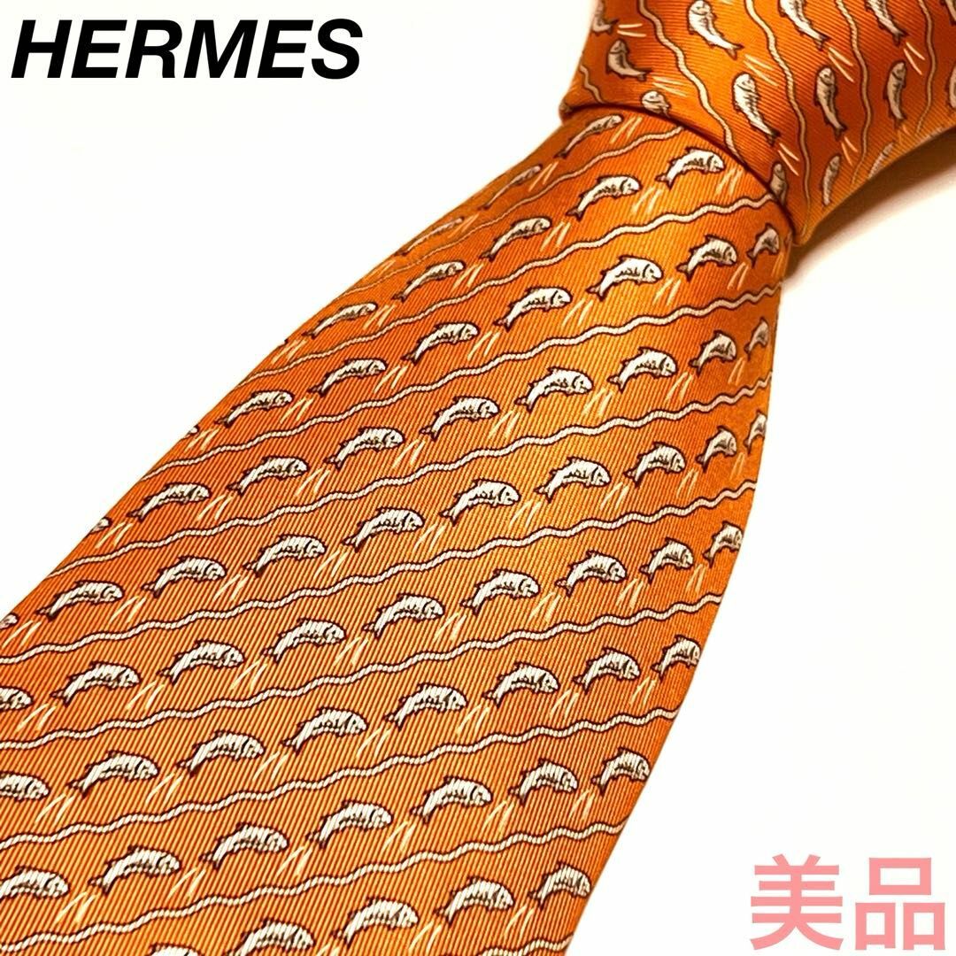 HERMES - HERMES 魚柄 オレンジ ネクタイ 044644の通販 by ☆即 HERMES - HERMES 魚柄 オレンジ ネクタイ 044644の通販 by ☆即