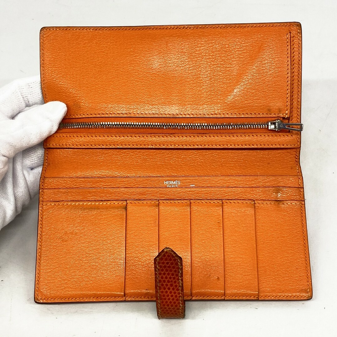 HERMES - 【5db3224】エルメス 長財布 ベアン リザード オレンジ HERMES - 【5db3224】エルメス 長財布 ベアン リザード オレンジ