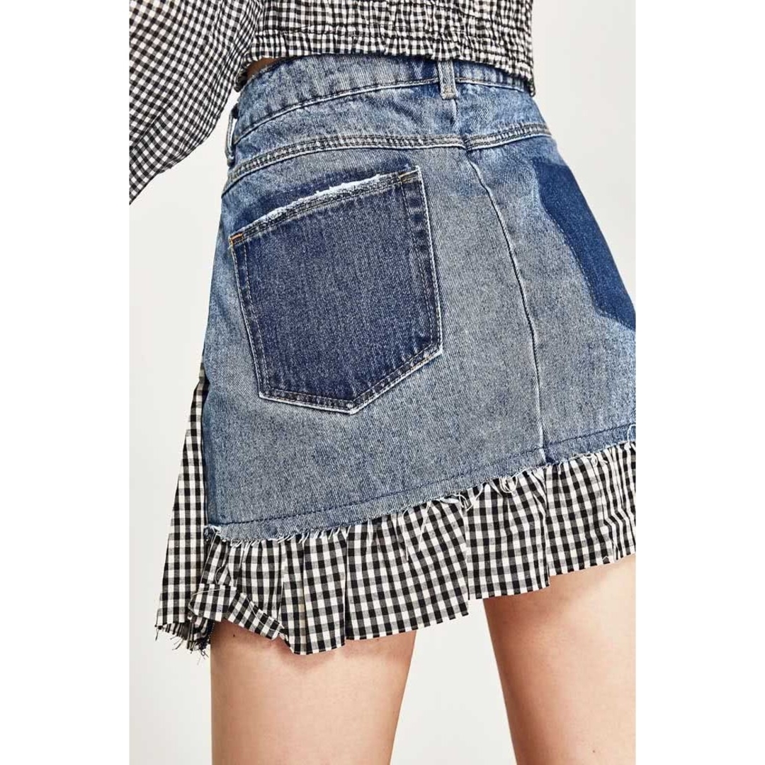 ZARA - ZARA TRF デニムミニスカート ギンガムチェック パッチ ZARA - ZARA TRF デニムミニスカート ギンガムチェック パッチ