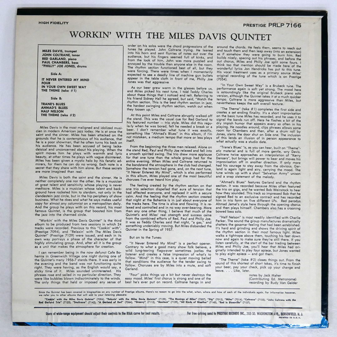 US盤 MILES DAVIS/WORKIN' WITH THE MILES DAVIS QUINTET US盤 MILES DAVIS/WORKIN' WITH THE MILES DAVIS QUINTET