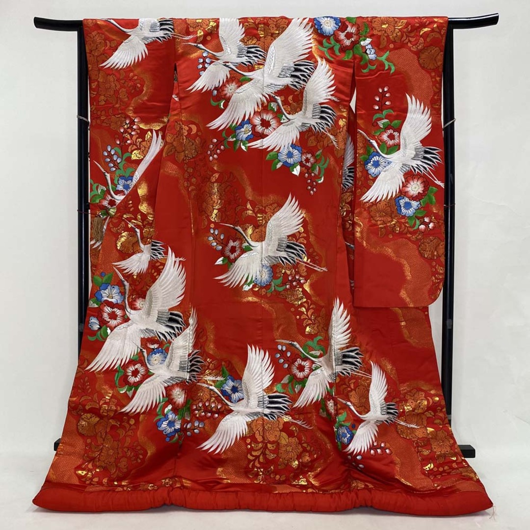 色打掛 正絹 鶴 刺繍 金 赤 打掛 Mサイズ 裄65 花嫁衣裳 婚礼 色打掛 正絹 鶴 刺繍 金 赤 打掛 Mサイズ 裄65 花嫁衣裳 婚礼