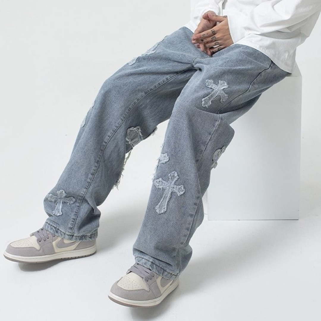 ワイドデニム ストリート 2XL ケミカル リメイクジーンズ 十字架 ワイドデニム ストリート 2XL ケミカル リメイクジーンズ 十字架