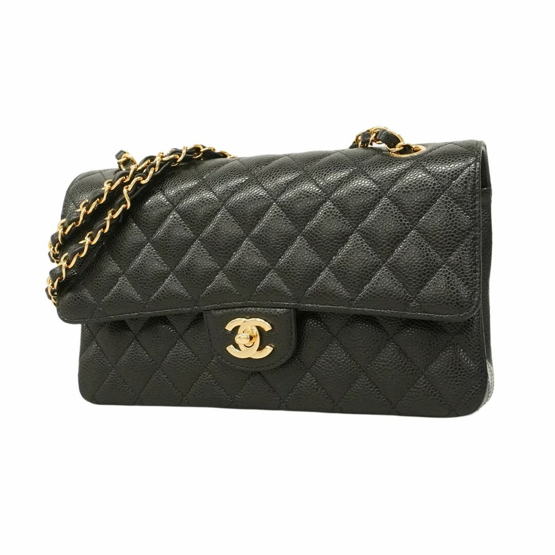 CHANEL - ★SALE【5db3319】シャネル ショルダーバッグ マトラッセ Wフラップ Wチェーン キャビアスキン ブラック ゴールド金具【中古】レディース