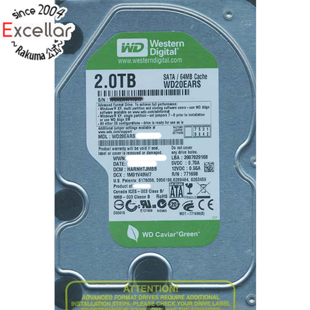 Western Digital(ウエスタンデジタル)のWestern Digital製HDD WD20EARS 2TB SATA300 4000~5000時間以内 スマホ/家電/カメラのPC/タブレット(PC周辺機器)の商品写真