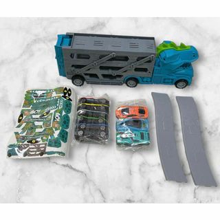 トラック おもちゃ 恐竜 車 ミニカー トレーラー 運搬車 プレゼント 水色(ミニカー)
