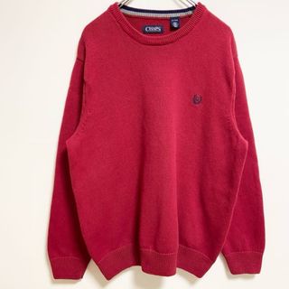 古着 used　CHAPS　チャップス　長袖クルーネックニット　セーター　ワンポイント刺繍　無地　赤　レトロデザイン　XLサイズ(ニット/セーター)