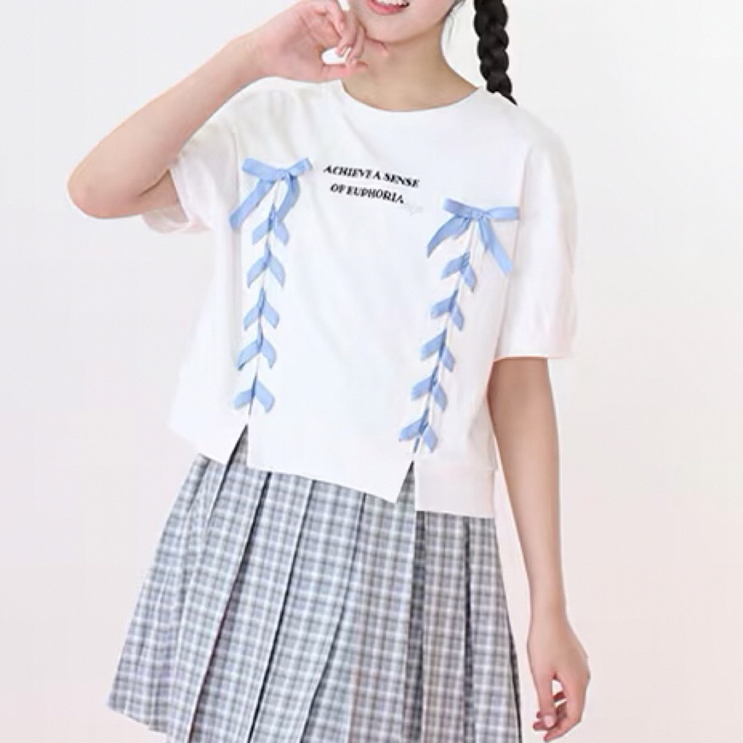 mezzo piano junior(メゾピアノジュニア)のメゾピアノ新品新作タグ付き袖パフレースアップTシャツ150 キッズ/ベビー/マタニティのキッズ服女の子用(90cm~)(Tシャツ/カットソー)の商品写真