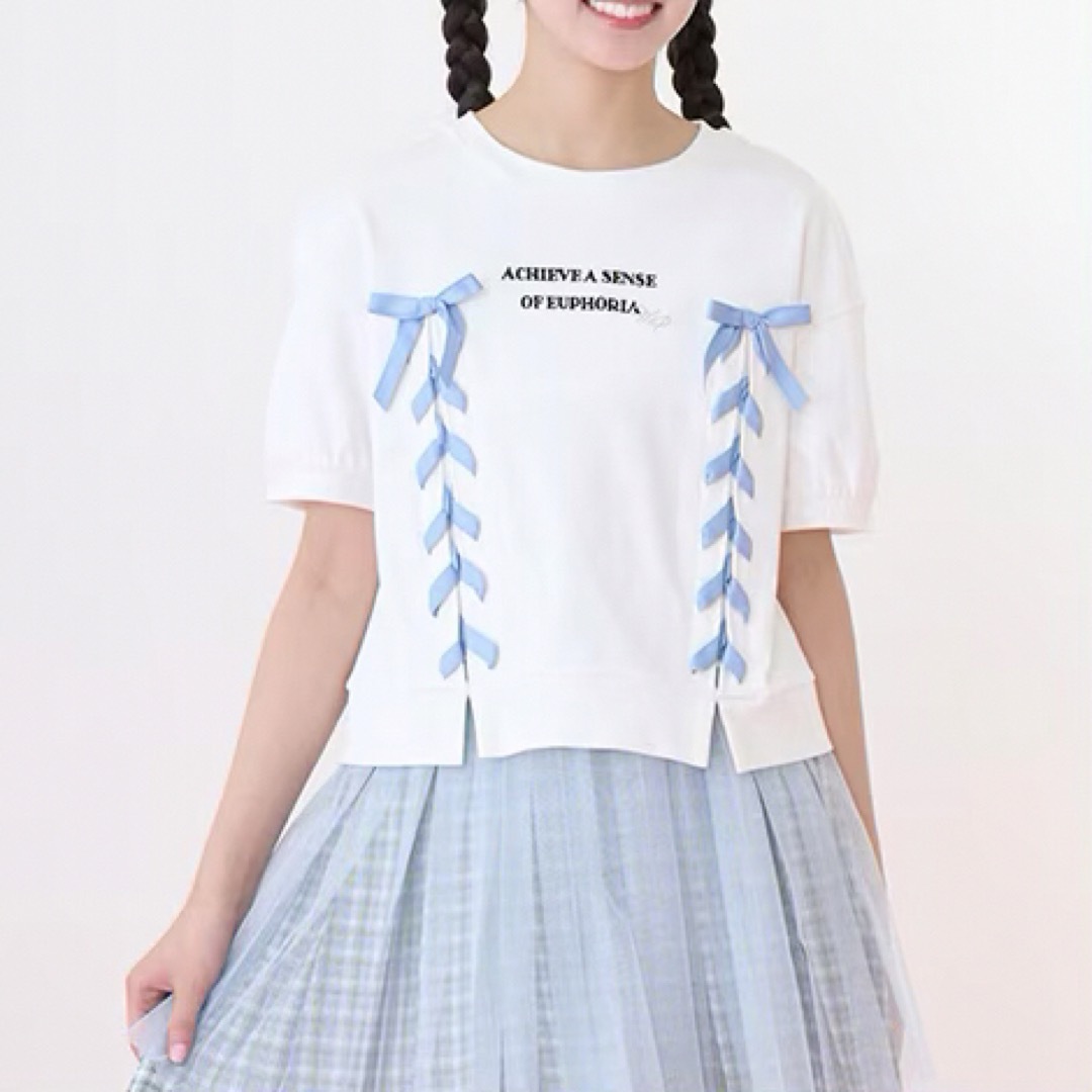 mezzo piano junior(メゾピアノジュニア)のメゾピアノ新品新作タグ付き袖パフレースアップTシャツ150 キッズ/ベビー/マタニティのキッズ服女の子用(90cm~)(Tシャツ/カットソー)の商品写真
